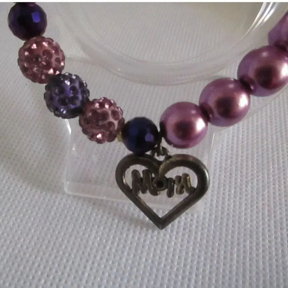 Purple Mom Charm Bracelet Set of 3 Beaded Faux Pearl Crystal Stretch Jewelry